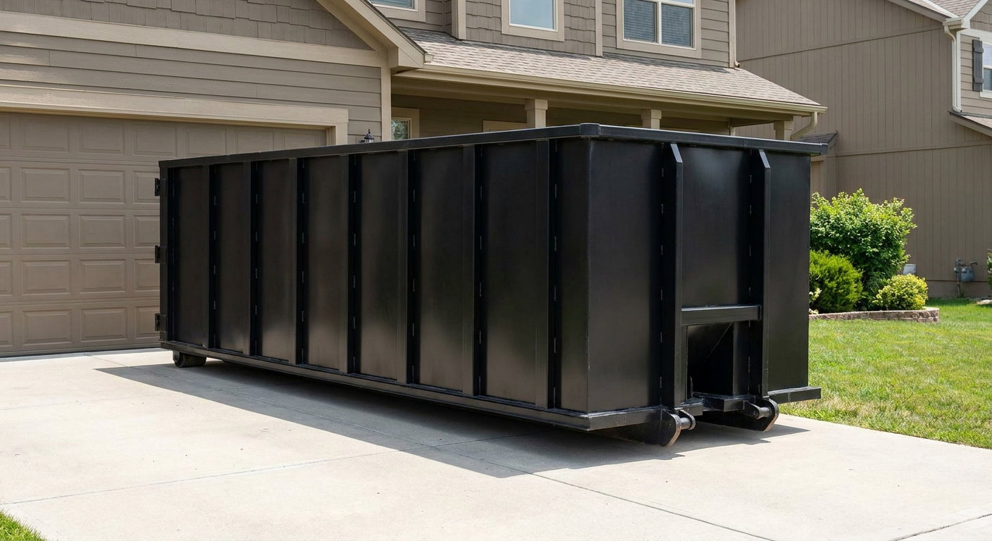 Matte-black residential roll-off dumpster sitting directly on a suburban Harrisburg concrete driveway, garage door closed, single-family home in background, bright morning daylight.