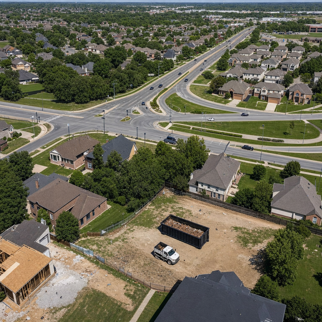An overhead documentary view of the Harrisburg metro area at midday, showing the spread of neighborhoods, arterial roads, and the dispatch radius from a central yard — clean daylight, organized geographic layout.